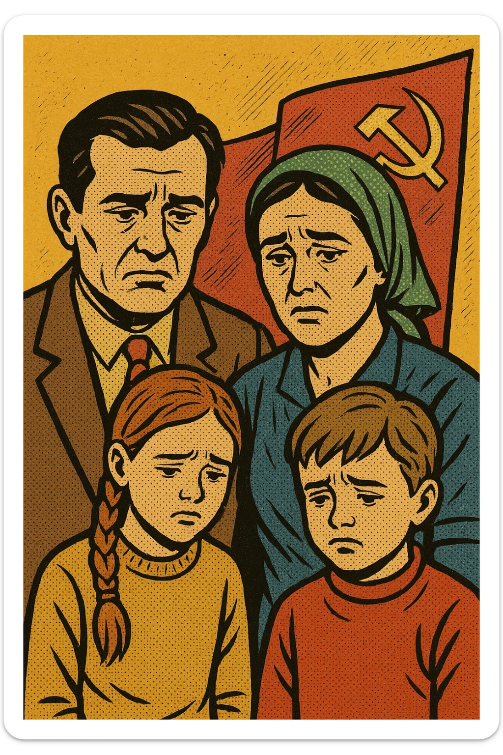 A poor soviet family from the 1970s with a husband and wife and two children looking unhappy.  sticker