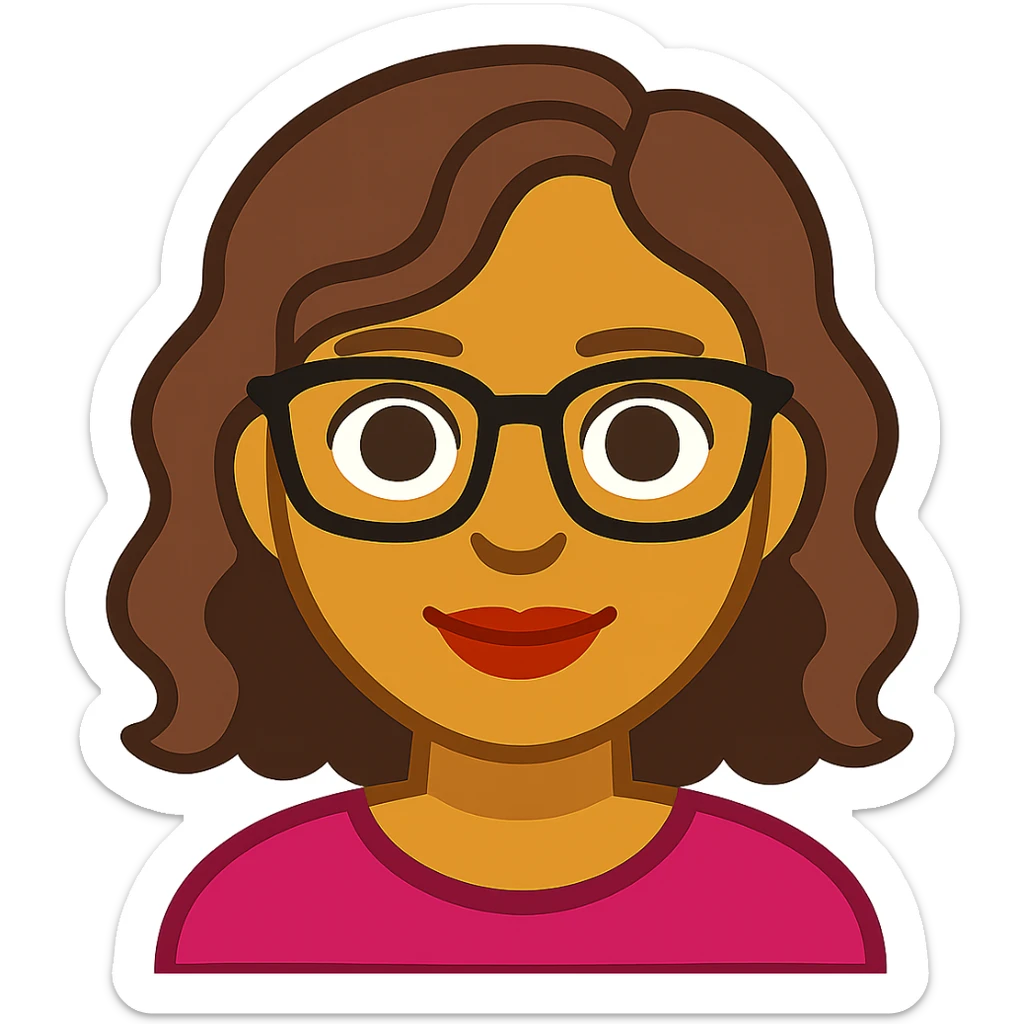 emoji de mujer linda de tez morena clara, rostro redondo u ovalado, ojos marrones, cabello ondulado marrón, labios medianos y gafas, estilo cartoon colorido sticker