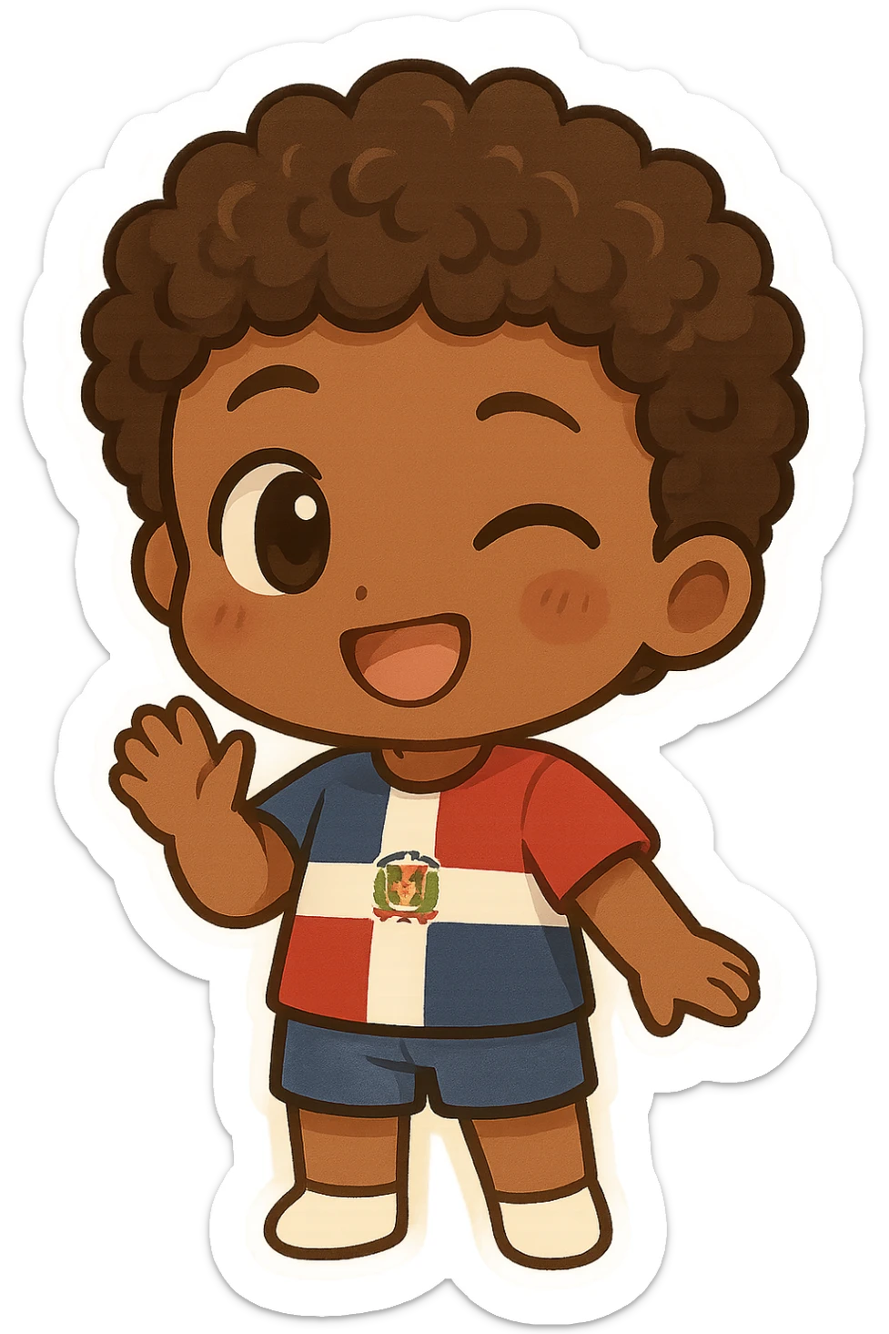 chibi emoji of a Dominican character with curly hair and brown skin, winking sticker