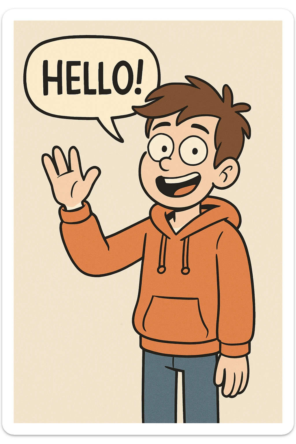 A boy brown hair how did say hello Orange hoodie blue jeans  sticker