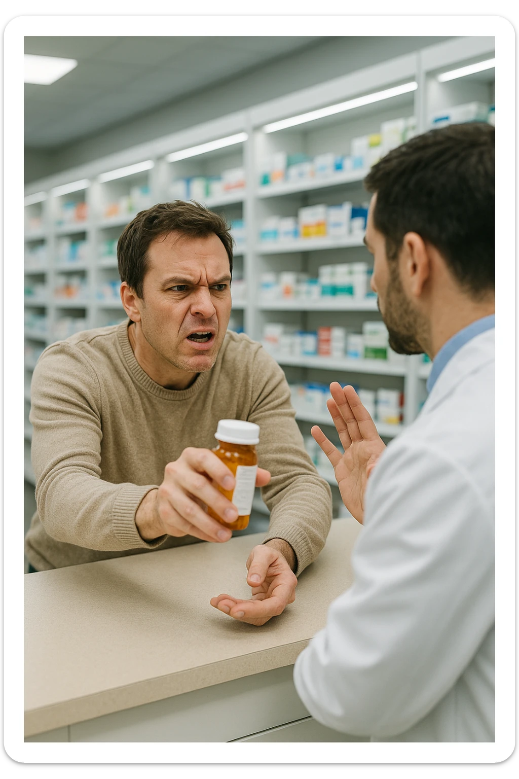 Cinematic Frustrated man at pharmacy counter demanding immediate pain relief medication, expression of impatience wanting instant symptom elimination, ignoring pharmacist's questions about underlying causes, grabbing prescription bottle eagerly, symptom suppression taking priority over healing, modern medicine aisle promising quick fixes for complex health problems" in italiano sticker