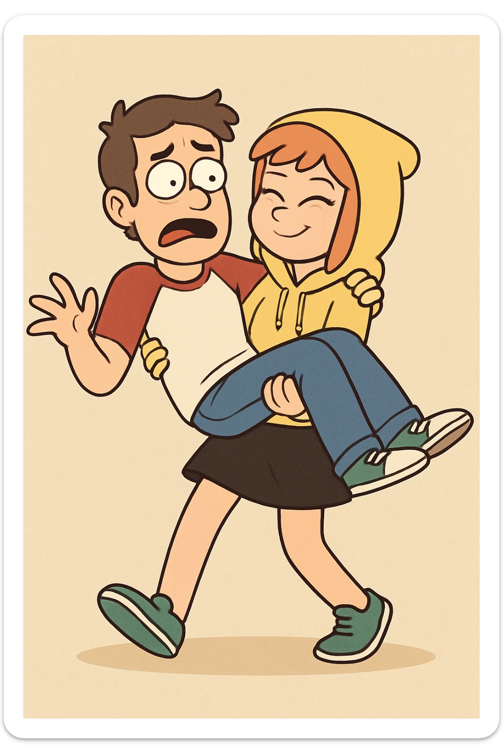 A man Raglan sleeves with Red t-shirts blue jeans white shoes carried by a cute a girl yellow hoodie black skirt green shoe  sticker