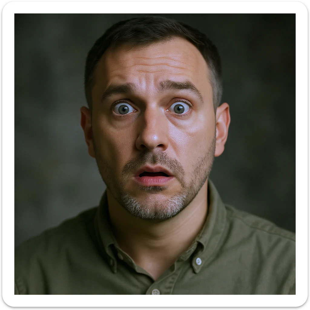 ultra-realistic portrait of Volodymyr Zelensky, President of Ukraine, expression of fear and shock, short dark hair, trimmed beard, olive green shirt, full head and shoulders visible, centered, strong likeness to Zelensky sticker