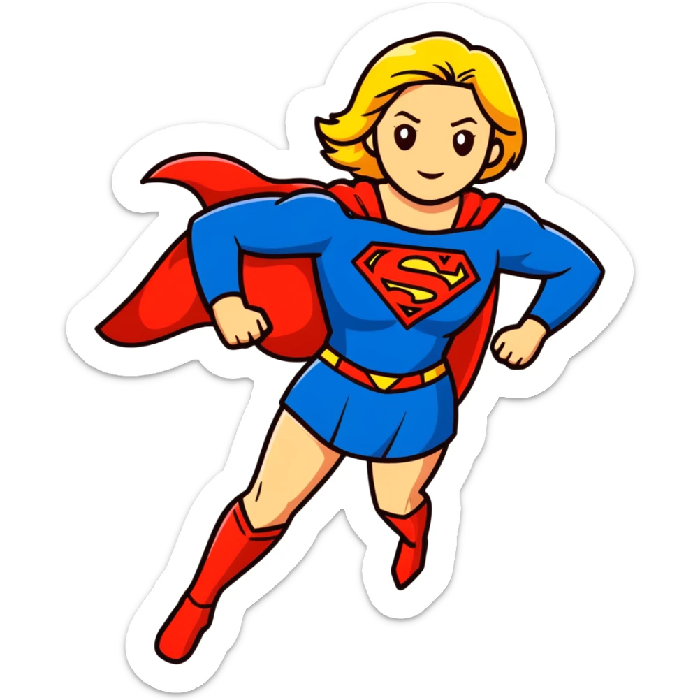 Supergirl superhero full body, blue suit with red cape and S emblem sticker