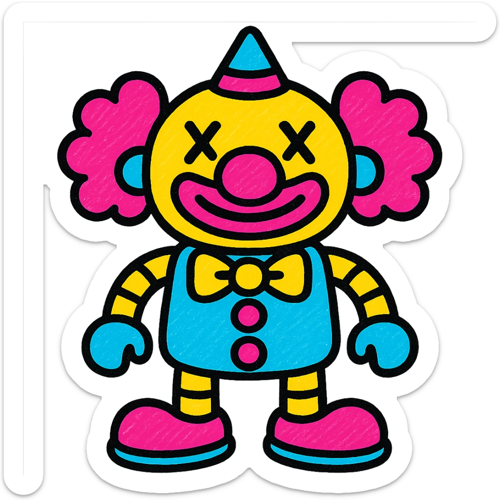 A robot clown in the style of vibrant and pop colors icons sticker