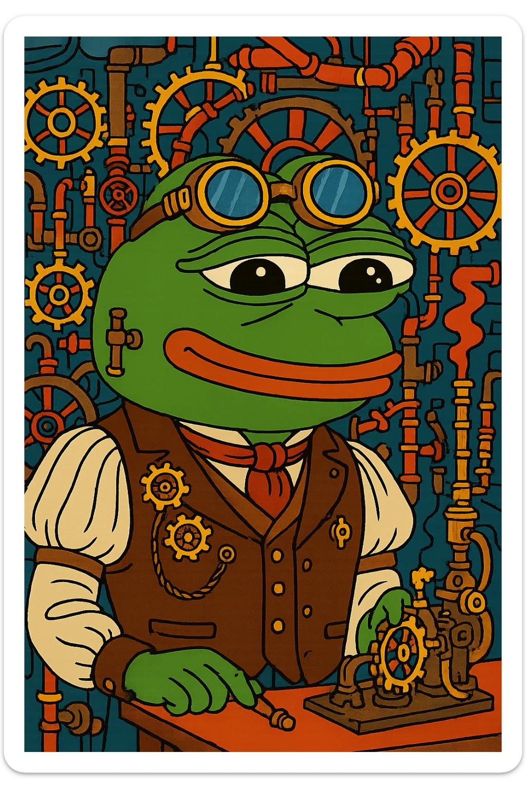 Pepe the Frog as a steampunk inventor wearing goggles, gears, and Victorian outfit, remove background, keep transparent background. sticker