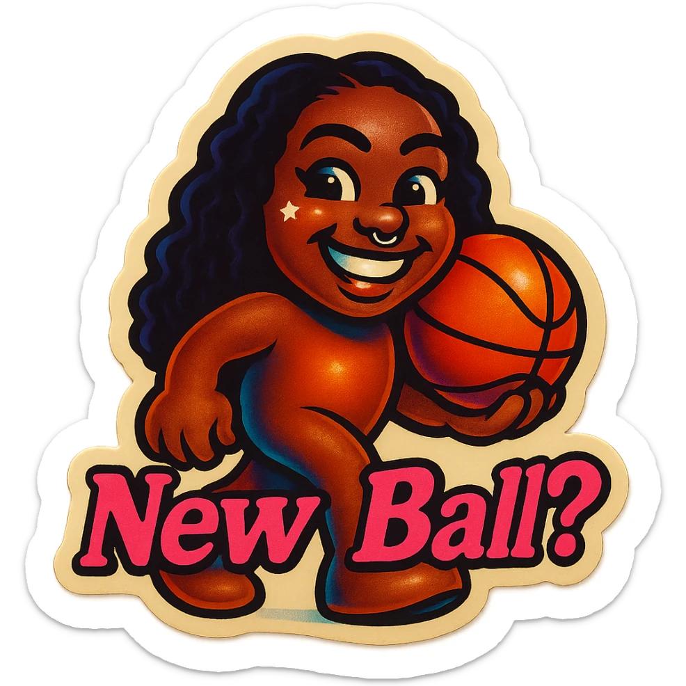Grin holding a Basketball
add the words New Ball? in pink sticker