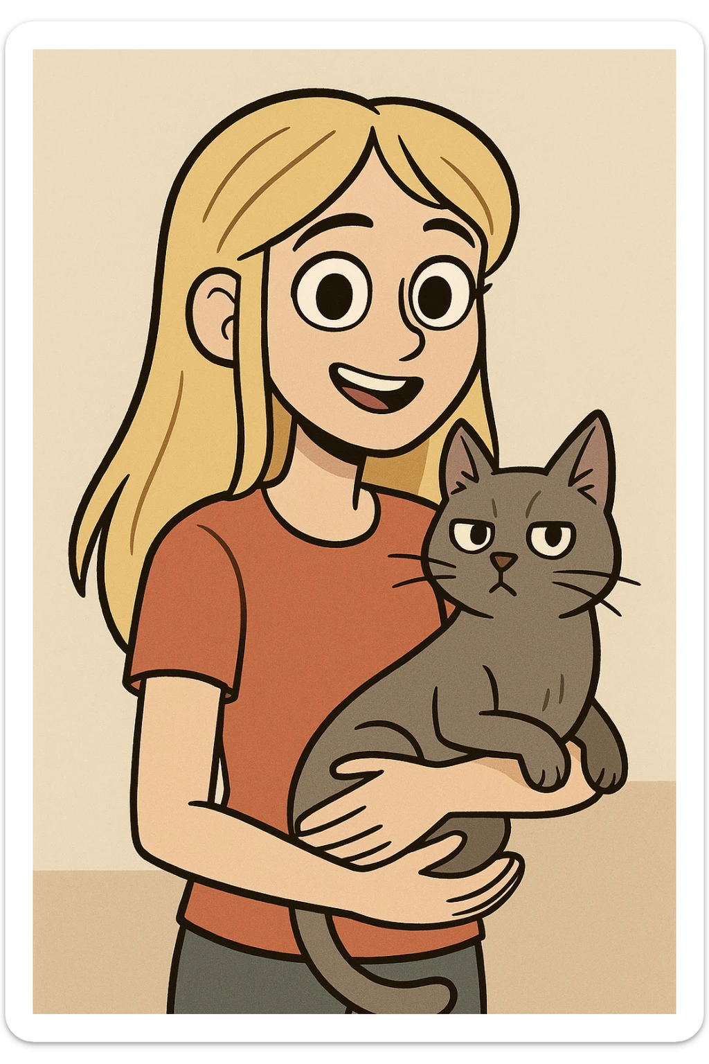 girl with long blond hair, brown eyes, and a grey cat, friendly, modern illustration style sticker
