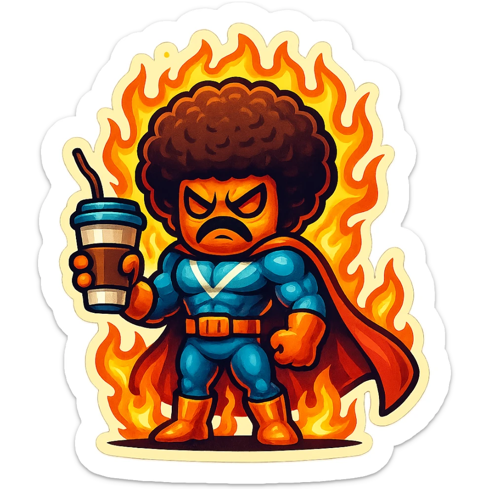 coffee creature, superhero, angry and on fire sticker