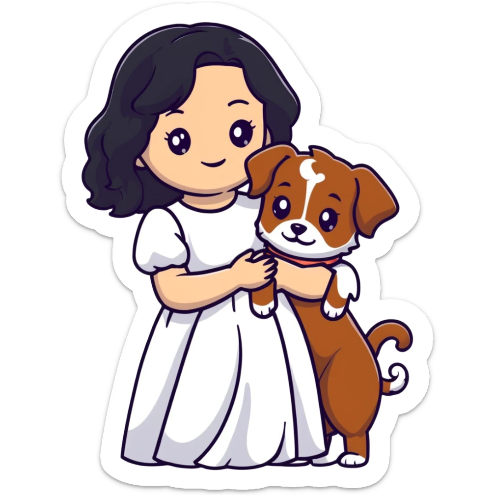 A beautiful girl with long black hair in a white dress holds a small brown curly-haired dog sticker
