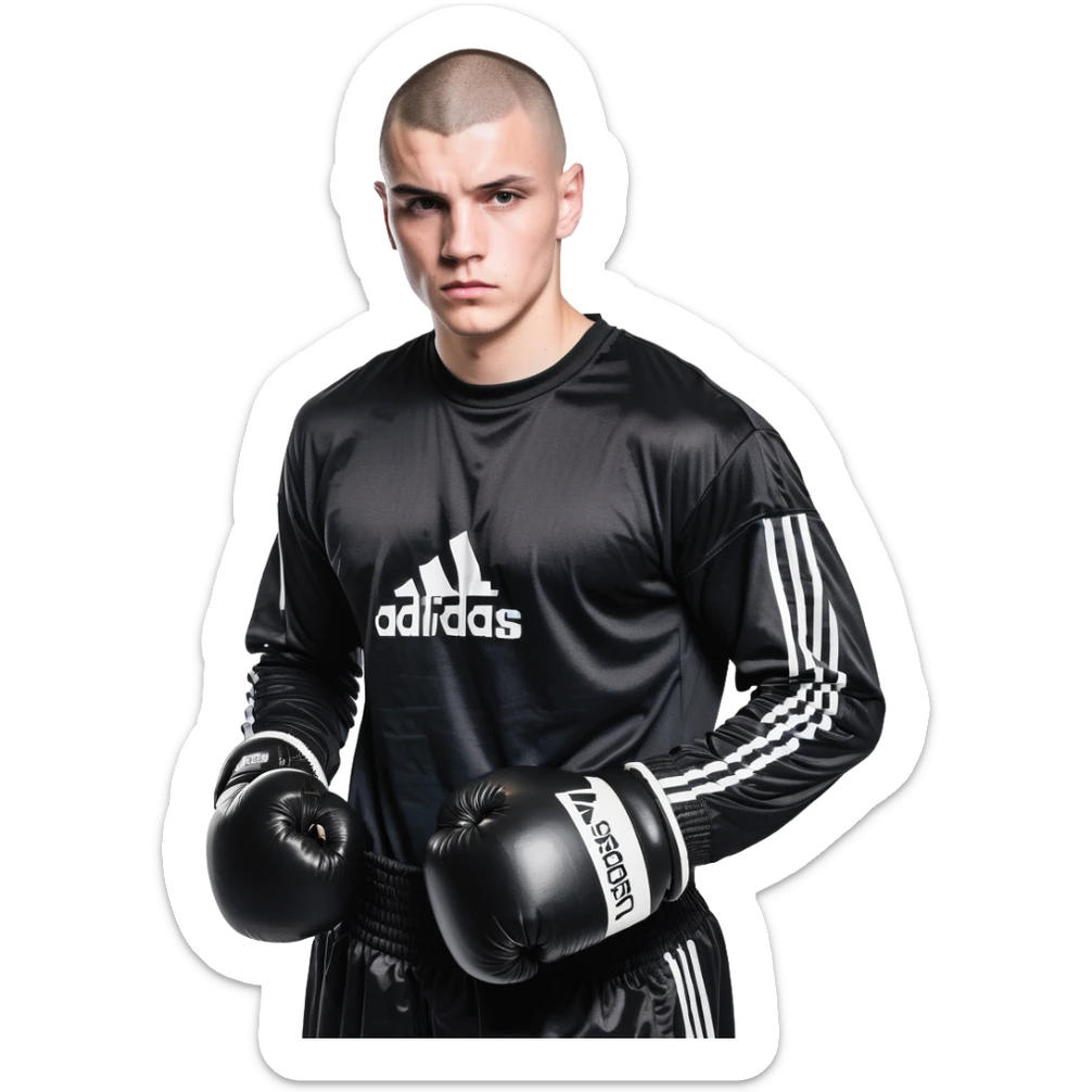 white man with dark hair, dark eyes, buzzcut faded haircut, 100kg boxer, wearing full black clothes, black adidas boxing gloves sticker