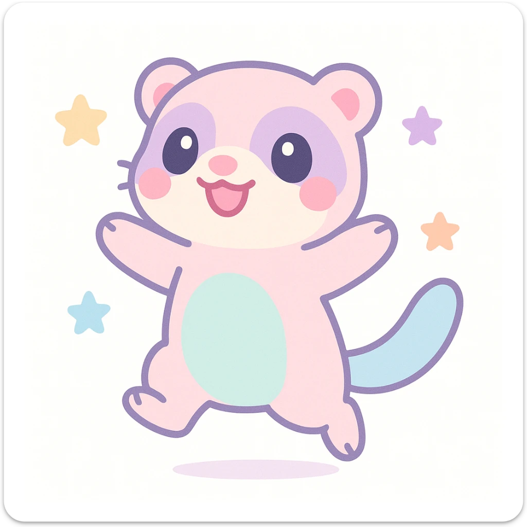 kawaii cartoon baby ferret, jumping with joy, big smile, pastel colors, simple background sticker