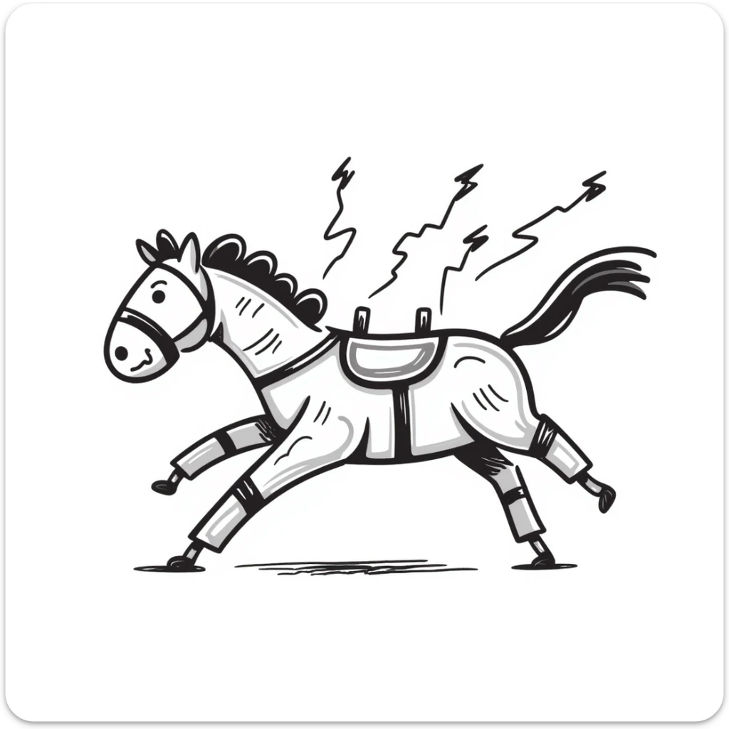 Sketchy electric horse made of metal plates and electrical wires, with lightning bolts shooting off as it gallops at high speed sticker
