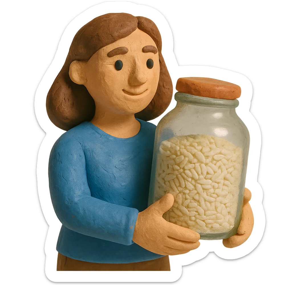 designer woman with brown hair holding a big glass jar of rice in claymation style sticker