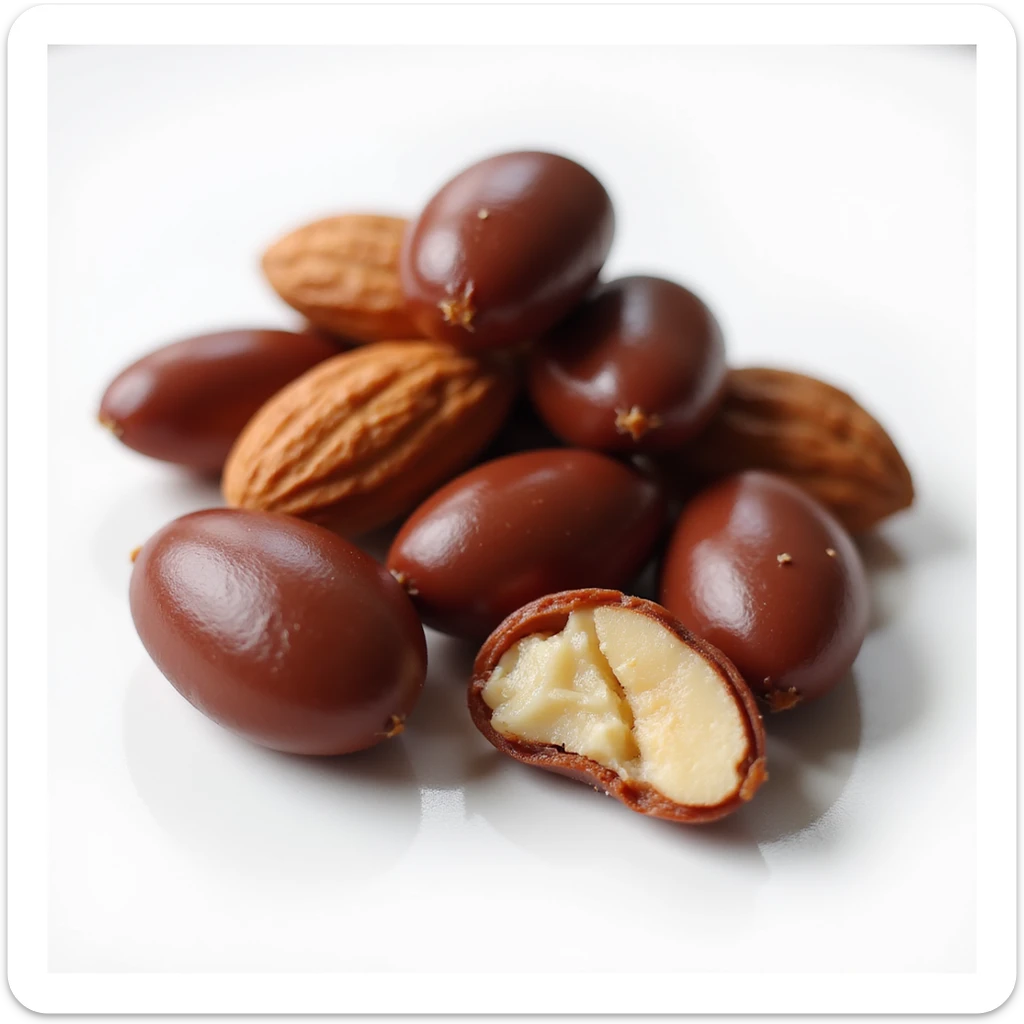 realistic candied almonds, some whole and some split open to show the almond inside, glossy dark red candy coating, no background sticker