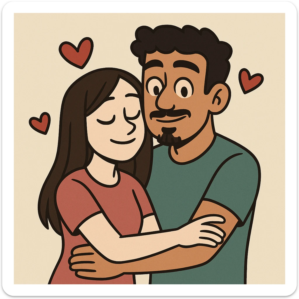 cartoon couple, girl pale with long straight dark brown hair no facial hair, boy tan with short black curly hair, small goatee and separate mustache, red hearts floating around sticker