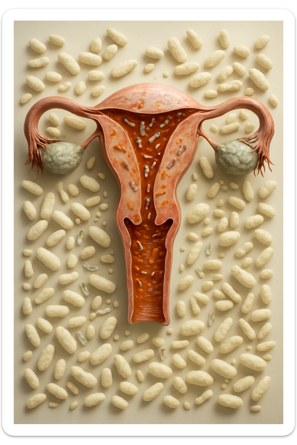 utero umano realistico con batteri della candida intorno, la foto si deve vedere per intero in formato verticale, sullo sfondo neutro chiaro ci sono batteri della candida, iperrealistico 4k sticker