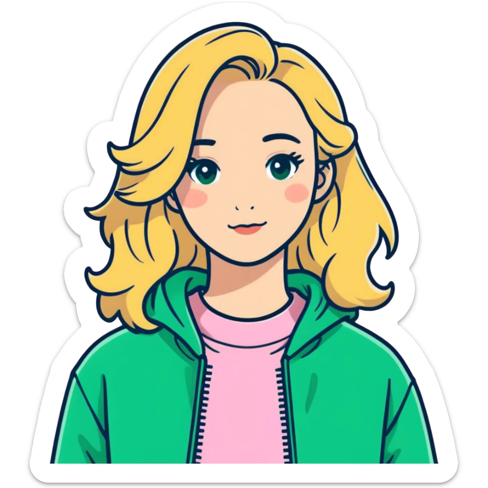 avatar of a girl with blonde wavy hair wearing a pink sweatshirt, sticker style sticker