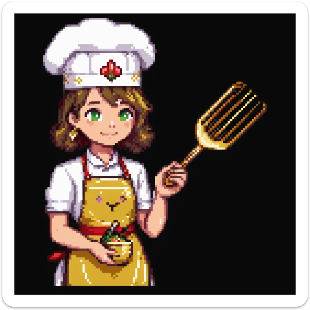 Portrait of a proud baker with a golden apron and embroidered details, holding a polished whisk, skeuomorphism style sticker