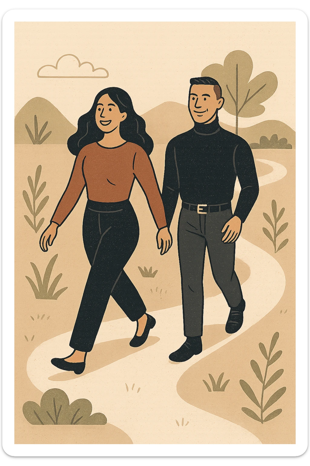 a man and a woman walk together along a winding path in a natural landscape. In one version, the woman leads confidently while the man follows a few steps behind, looking at lei con ammirazione. In un’altra versione, i ruoli sono invertiti, con l’uomo che guida e la donna che lo segue sorridendo. La scena trasmette l’idea che entrambi possano guidare o seguire, a seconda del momento. sticker