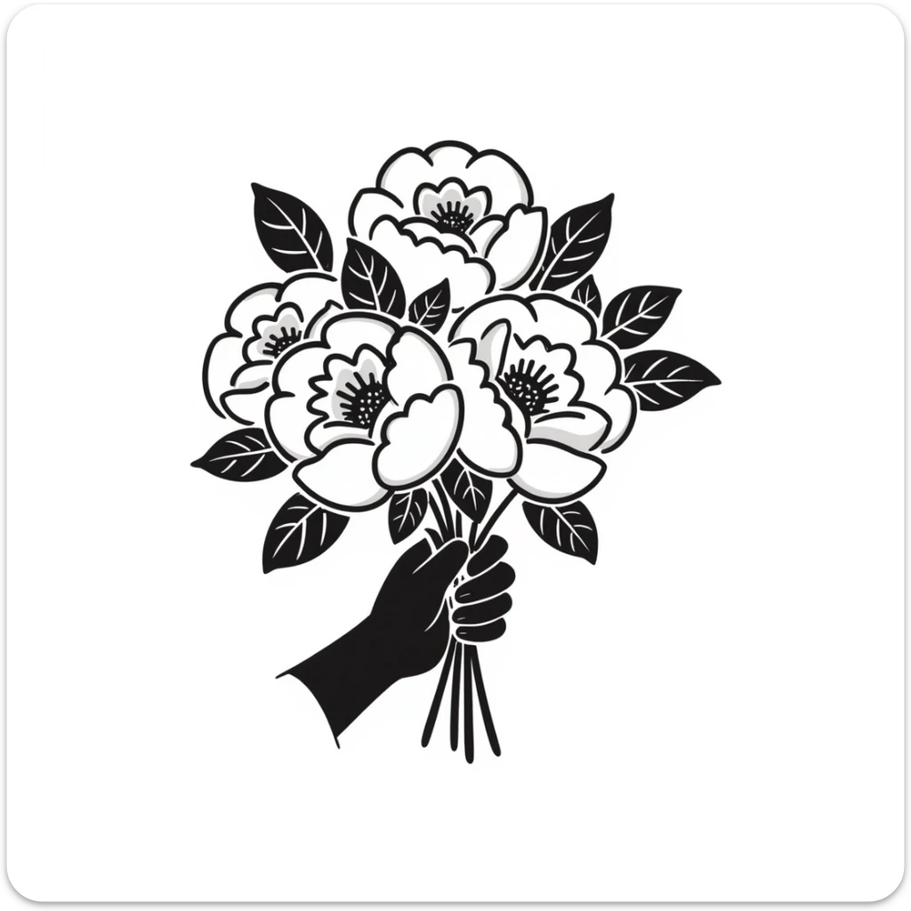 a bouquet of peonies with lush petals and leaves, held in a hand, in pastel colors dd9fb0 ffc6d3 a3bfc9 c4bee2 f1b091 sticker