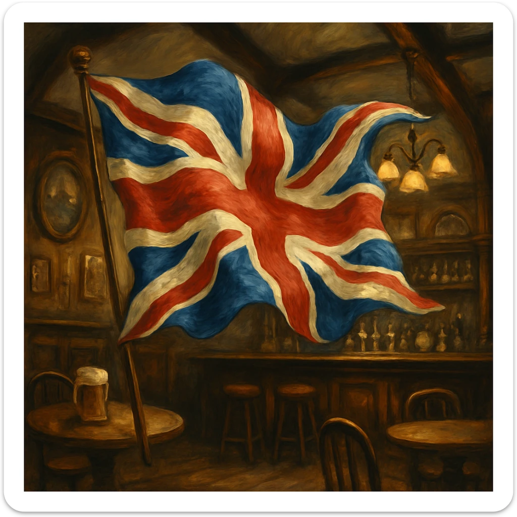 A waving Union Jack flag, floating in the air, whimsical and slightly surreal, traditional English pub theme sticker