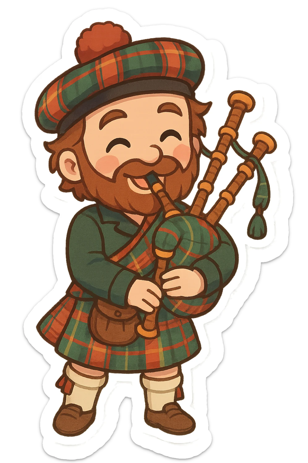 Scottish man playing bagpipes, traditional tartan kilt, cheerful expression, detailed, full body, vibrant colors, no background sticker