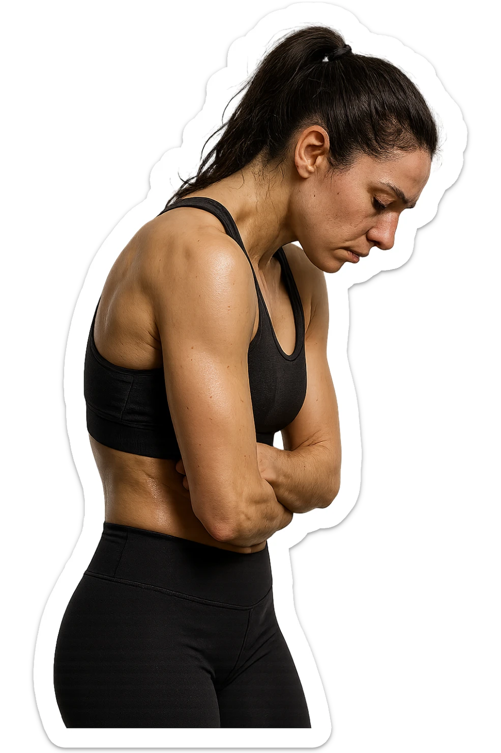 DONNA FITNESS DI PROFILO CON POSTURA CHIUSA E SPALLE IN AVANTI, ISOLATA SU SFONDO BIANCO,  iperrealistico 4k sticker