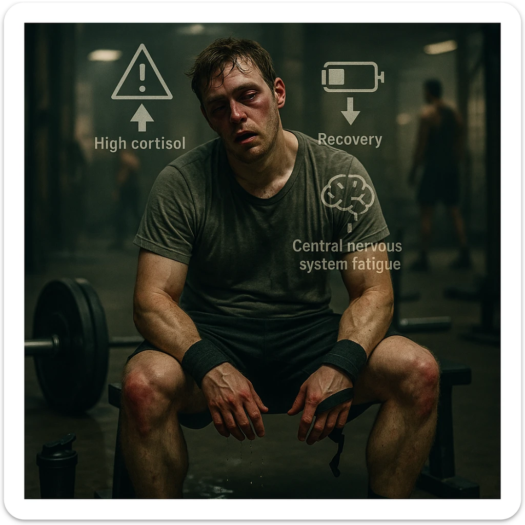 Cinematic raw style image of a 30-year-old man with a sweat-soaked t-shirt collapsed on a bench in a dimly lit industrial gym. Expression of total exhaustion: half-closed eyes, pale and reddened face, deep dark circles. Muscles visibly inflamed, red tendons on knees and elbows. Around him: loaded barbell abandoned, protein shaker on the floor, half-removed wristbands. Sweat dripping on the floor. Background: industrial gym with blurred figures continuing to train. Overlaid symbols: high cortisol, low recovery, central nervous system fatigue. Muted colors, dramatic lighting emphasizing fatigue and overtraining. sticker