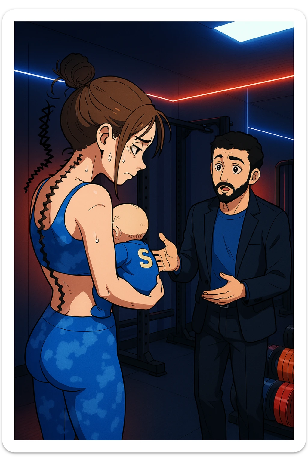 ispirati a questo stile di disegno e fai questa immagine in versione manga/webtoon a colori, il manga mostra la donna preoccupata di profilo con la postura sbagliata e incurvata, spalle chiuse e curve in avanti, con un neonato in braccio con una tutina azzurra e la scritta "S" sulla schiena, spina dorsale storta della donna in evidenza mentre ascolta l'uomo mentre l'uomo gli sta spiegando una cosa, ma non fare i fumetti, fai come se stessero parlando sticker