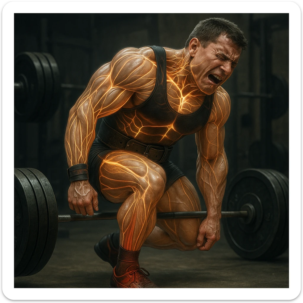Powerlifter in competition clothing, muscles and nerves highlighted with glow effect, reddened and partially injured Achilles tendon, expression of pain, anatomical details, gym background sticker