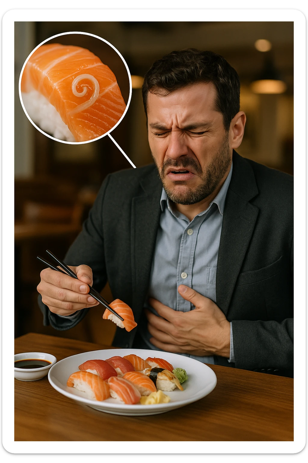 a man sits at a restaurant table, eating a plate of raw fish (such as sushi or sashimi). In a magnified inset, an Anisakis larva is visible inside a piece of fish. The man’s expression changes from enjoyment to sudden discomfort, holding his stomach with a pained look. The background is softly blurred, focusing on the man and the food. in italiano sticker