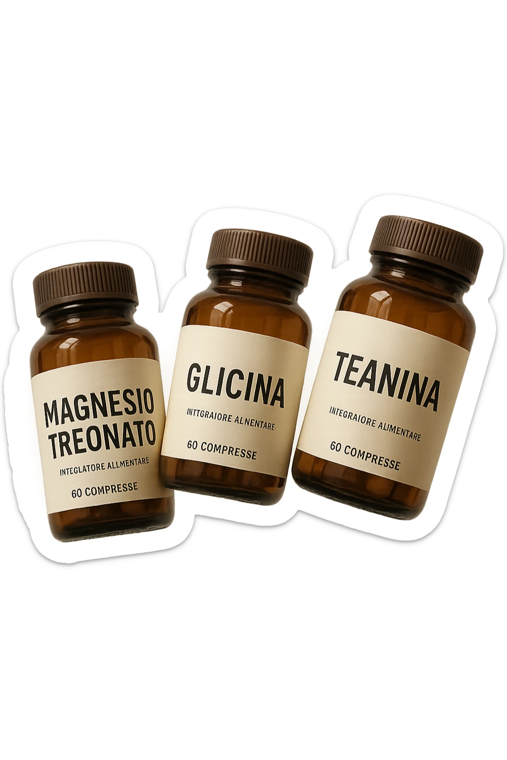 3 boccette di integratori: Magnesio Treonato, glicina, teanina, fluttuano in aria sticker