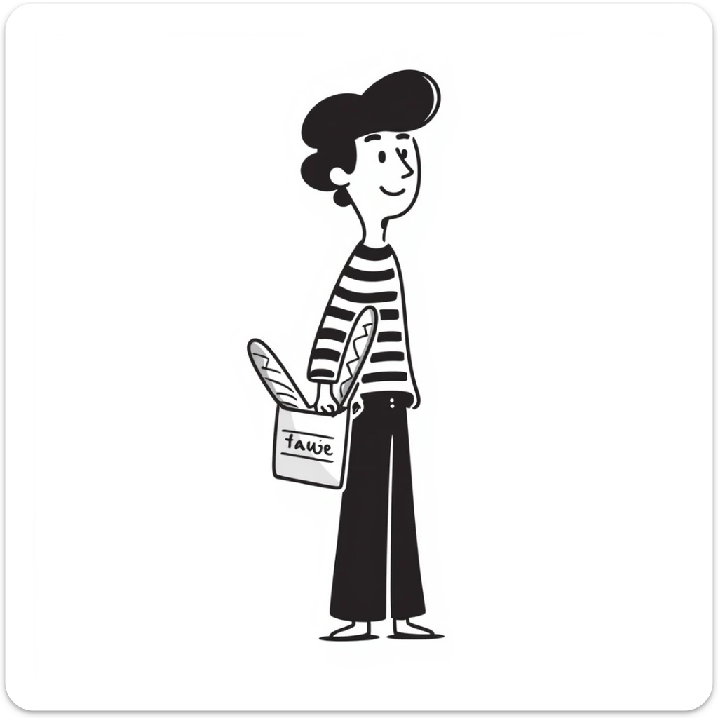 A Frenchman with a beret, holding a baguette under his elbow, wearing a black and white striped shirt, hand-drawn doodle style. sticker