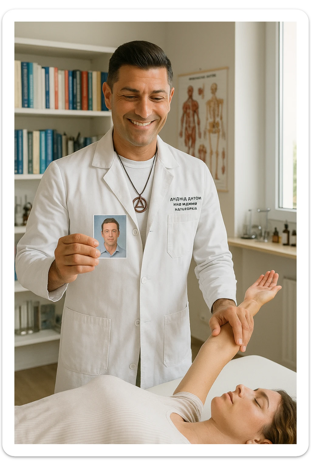 a middle-aged man, dressed in casual professional attire, is in a bright, organized therapy studio. Durante una visita di kinesiologia, il testimone tiene con una mano la foto di una persona lontana (il “testimone”) tiene la foto in mano, mentre con l’altra mano esegue un test muscolare su un cliente presente. Sullo sfondo si vedono libri di kinesiologia, poster anatomici e strumenti tipici della disciplina. L’atmosfera è concentrata e serena, con luce naturale che entra dalla finestra, sottolineando l’aspetto alternativo e umano della pratica. sticker