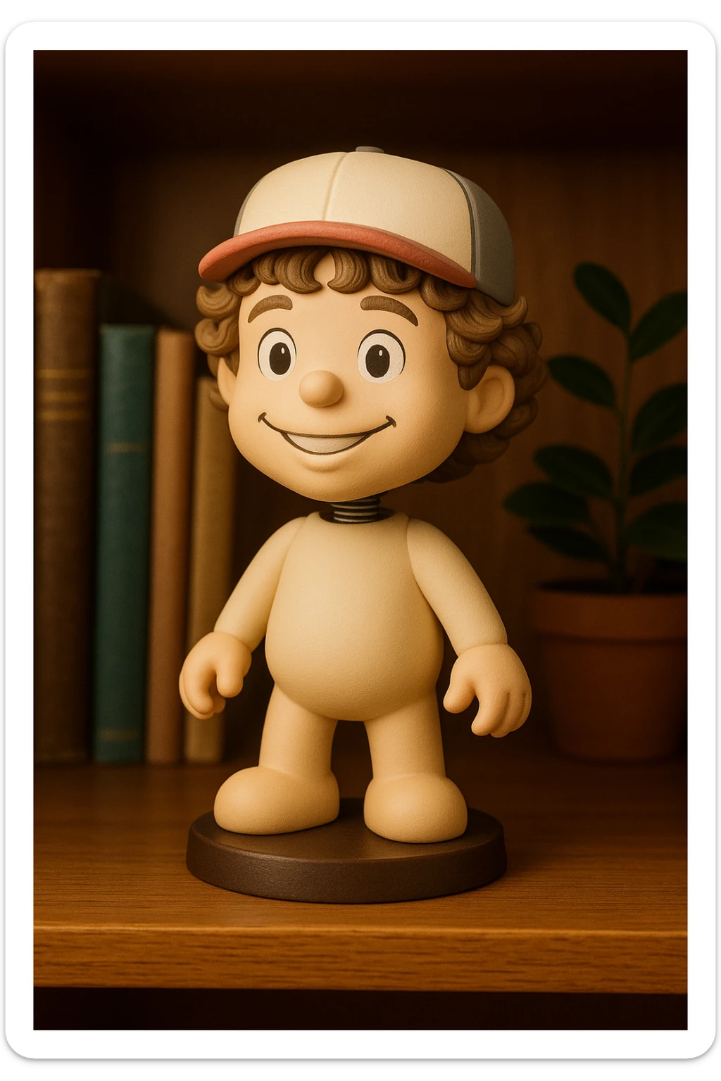 Transform this character into a plush teddy bear inspired by the Bobbie Goods style, keeping the colorful cap, curly hair, friendly smile, and cute bear body. Add plush texture and cozy details to enhance the cuddly appearance. sticker