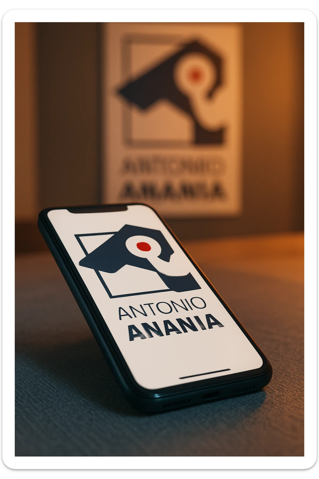 A photo of an iPhone on the desk with the logo of "Antonio Anania" on its screen, The phone sits atop a desk with a blurred with the logo in the background that suggests work environment. A faint glow from above casts gentle shadows across the surface of each object, creating depth and highlighting their textures sticker