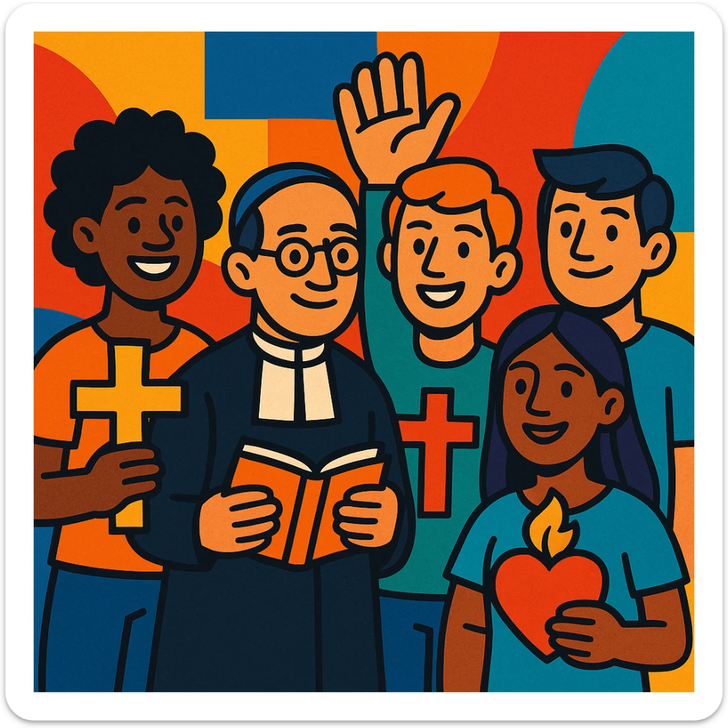 group of diverse young people with Christian symbols, one figure resembling Hno. Gabriel Taborin, colorful and hopeful, Christian vocational animation sticker