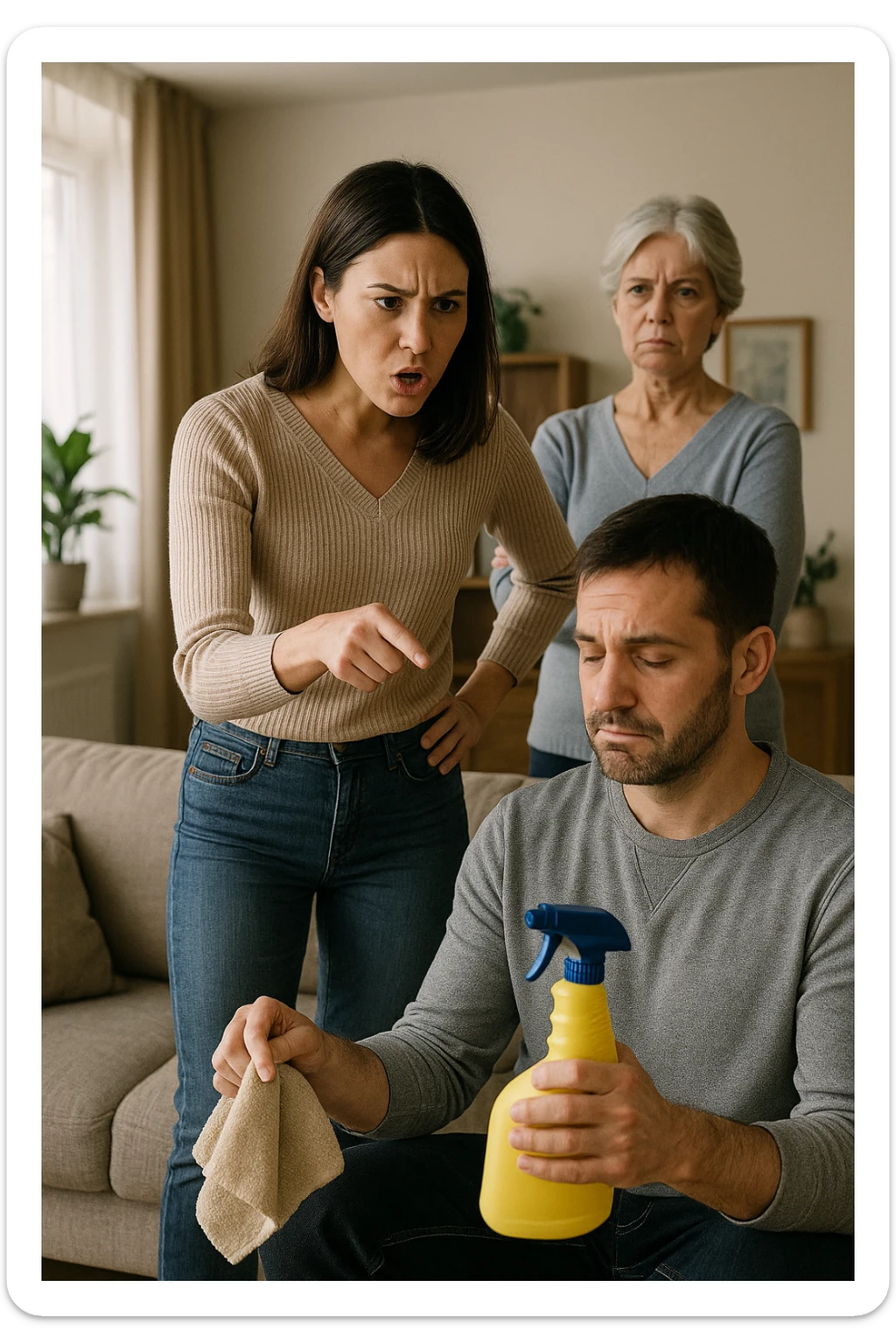 a woman stands assertively in the center of a living room, giving clear instructions to her partner. The man, with a submissive and resigned expression, follows her directions, perhaps holding household items or performing a chore. Behind them, an older woman (the mother-in-law) stands with crossed arms and a disapproving look, watching the scene unfold. The lighting is natural, and the atmosphere is tense but realistic. sticker