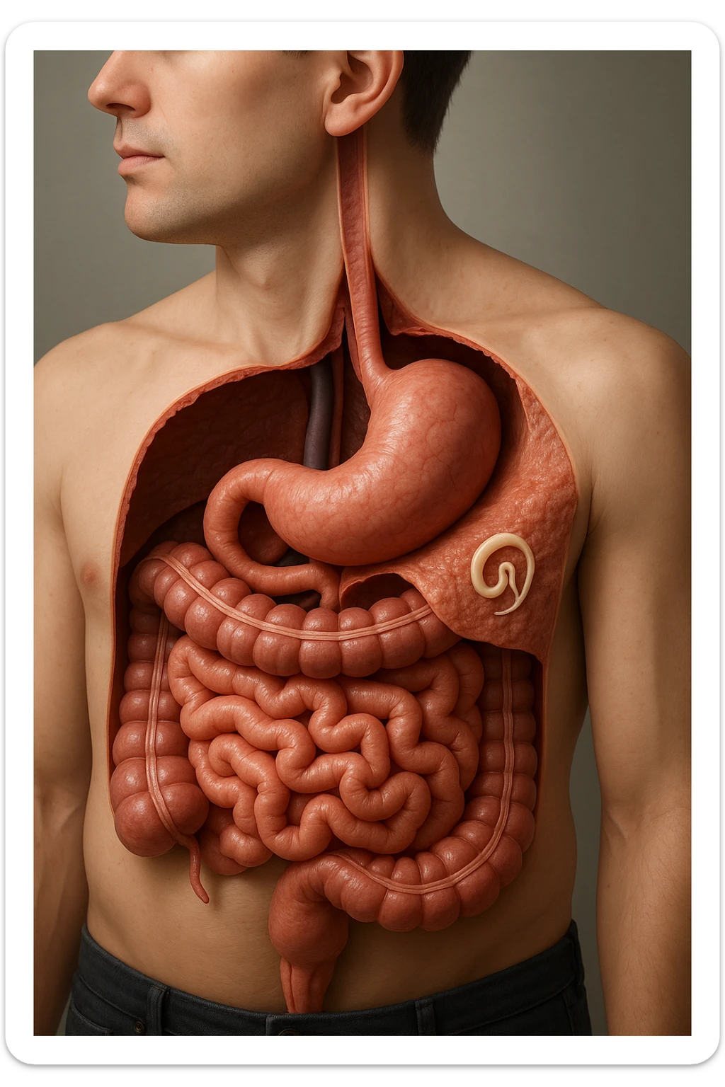 a 3D cutaway view of the human digestive tract, showing an Anisakis larva attached to the intestinal wall. in a man sticker
