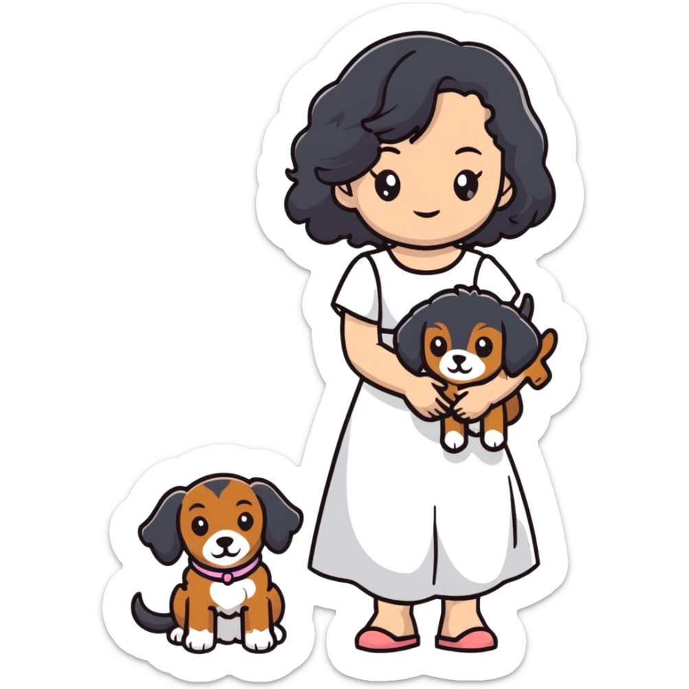 A beautiful girl with long black hair in a white dress holds a small brown curly-haired dog sticker