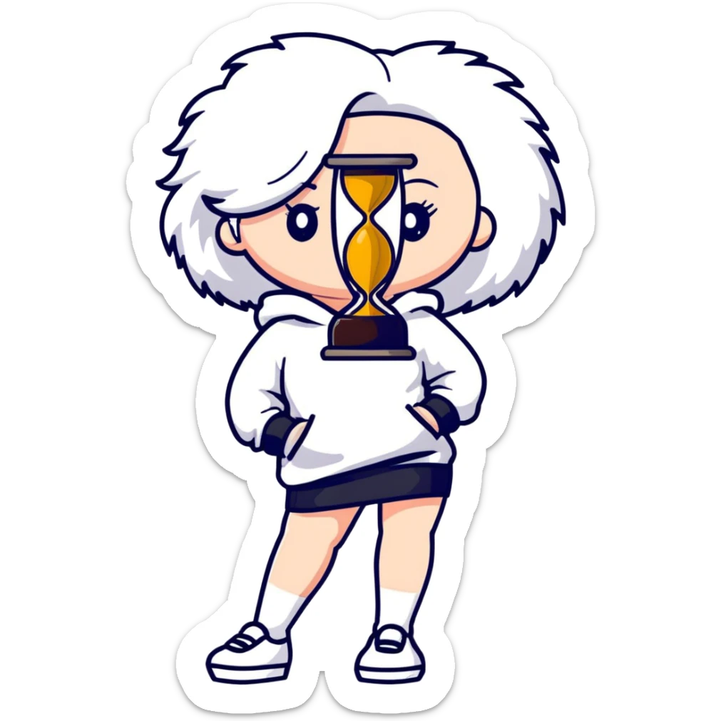 Female with slim hourglass figure, white big hair, wearing white sweatshirt, black skirt, and white shoes, full body pose sticker