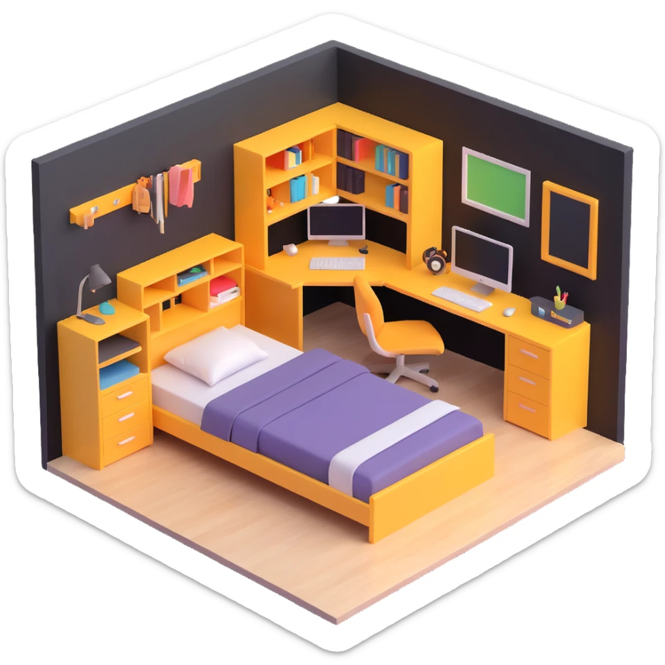 3D layout of teen bedroom with bed against wall, corner desk, and storage units sticker