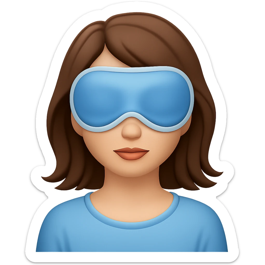 Apple emoji style woman with a sleep eye mask fully covering her eyes, brown hair, no pillow, no background sticker