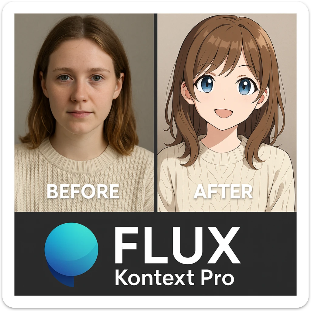 create before after image of a girl before is realsitic photo, after is anime version of her in same pose and clothes, add logo with text of a "FLUX Kontext Pro" sticker