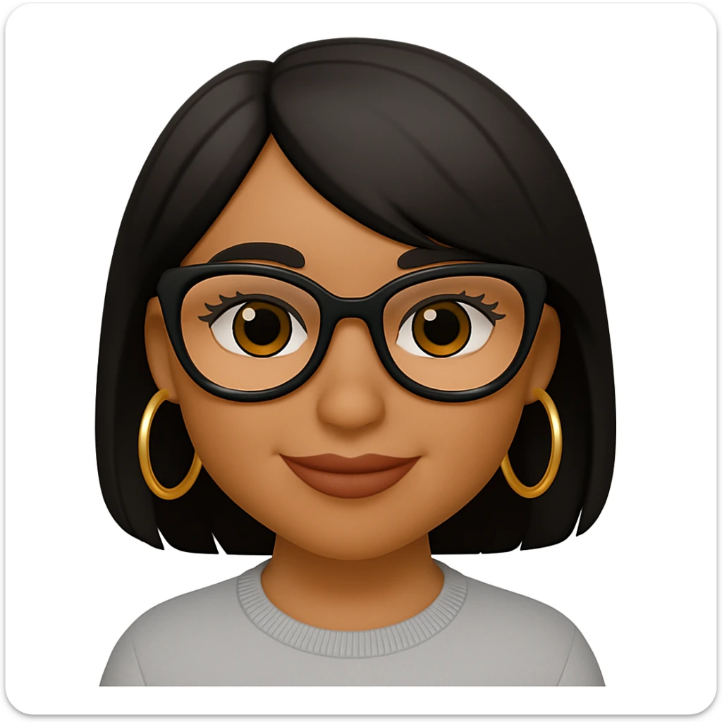 Add gold hoop earrings and stylish glasses to the smiling light brown skin girl with small lips, black layered hair, and doe eyes in emoji style. sticker