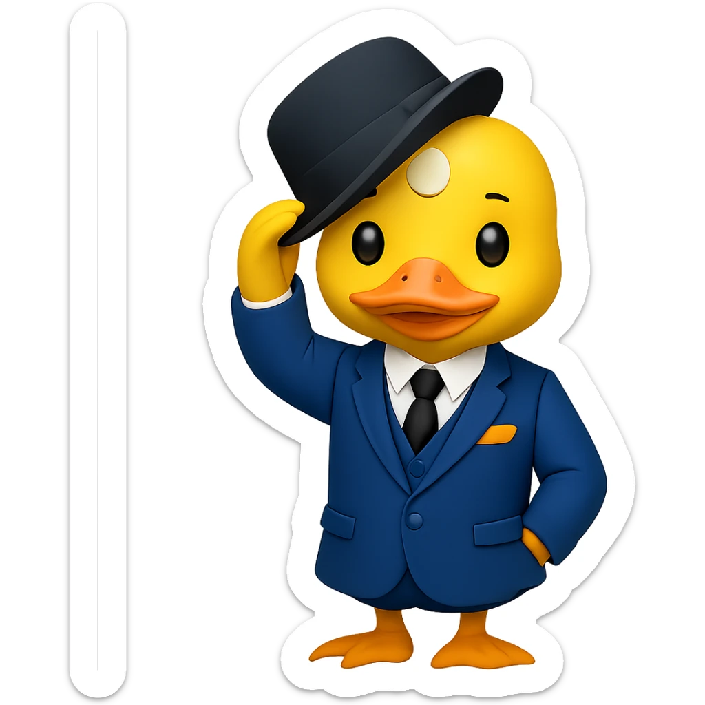 Create a gentlemanly yellow duck in a blue suit, tipping hat, in the style of apple emojis, with no background. sticker