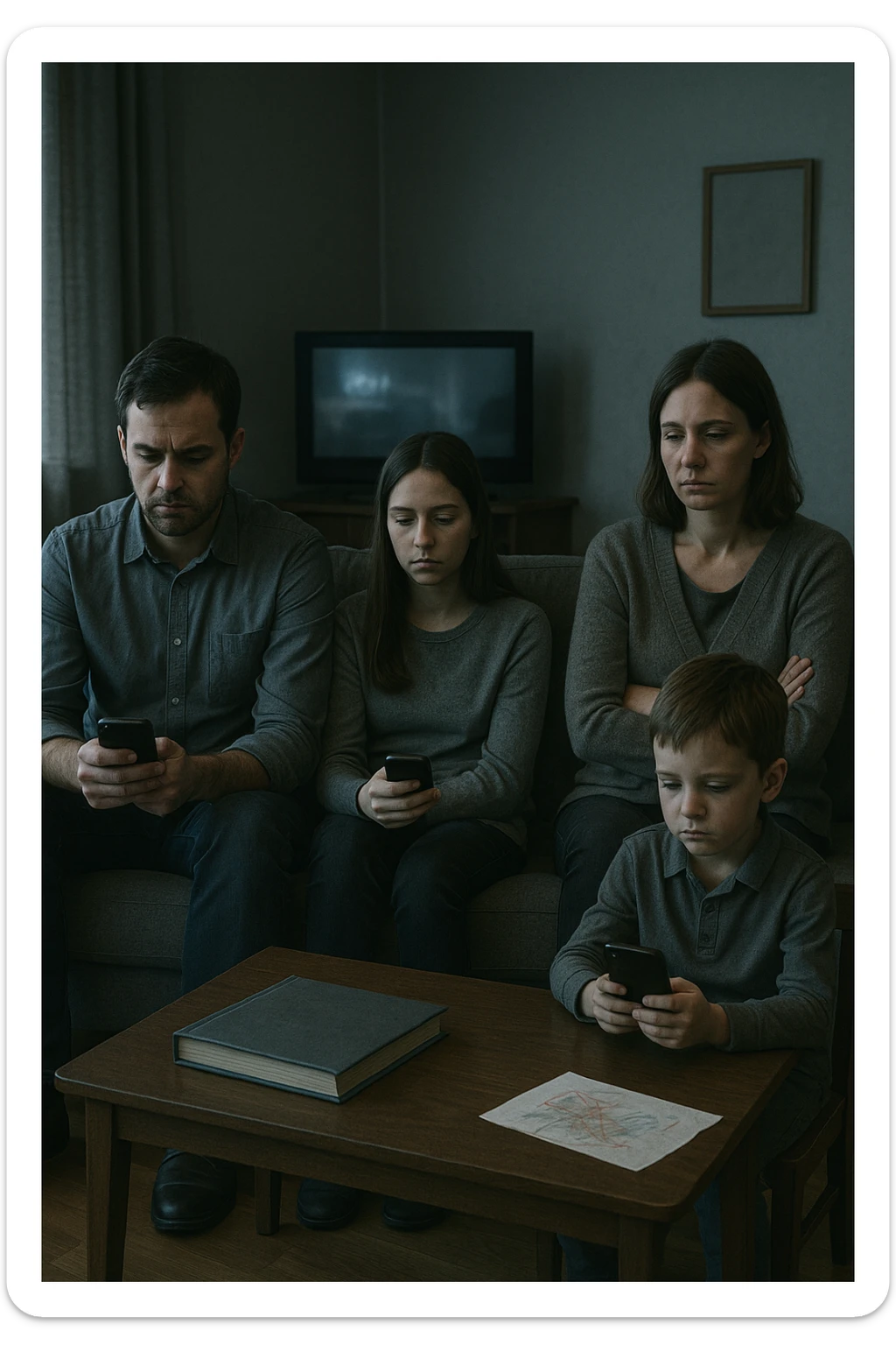Famiglia composta da padre, madre e uno o due figli seduti nello stesso ambiente domestico (salotto o tavola da pranzo), ma ciascuno è assorto nei propri pensieri, con espressioni spente e distaccate. Nessuno si guarda o sorride. I colori dell’ambiente sono freddi e grigi, la luce è debole. Intorno a loro, simboli di disconnessione: telefoni in mano, TV accesa ma ignorata, silenzio. L’atmosfera è visivamente carente di calore emotivo. Nessun contatto fisico, postura rigida. Un dettaglio visivo come un album di foto chiuso sul tavolo o un disegno dei figli dimenticato sul pavimento accentua la mancanza di dolcezza e unione sticker