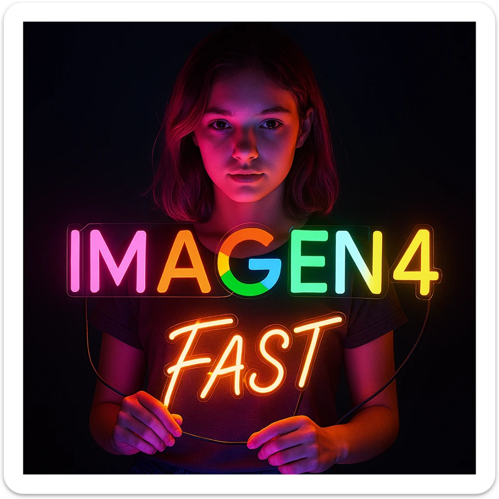 make a girl holding this sign, but sign in made of neon, also add fast below the sign sticker