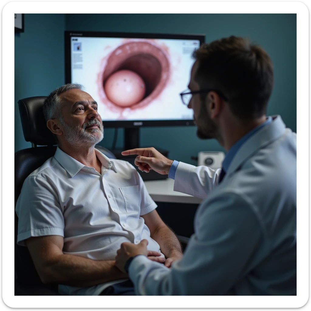 realistic endoscopic exam on adult man, monitor showing small polyp and doctor pointing to suspicious cancer area, clinical environment sticker